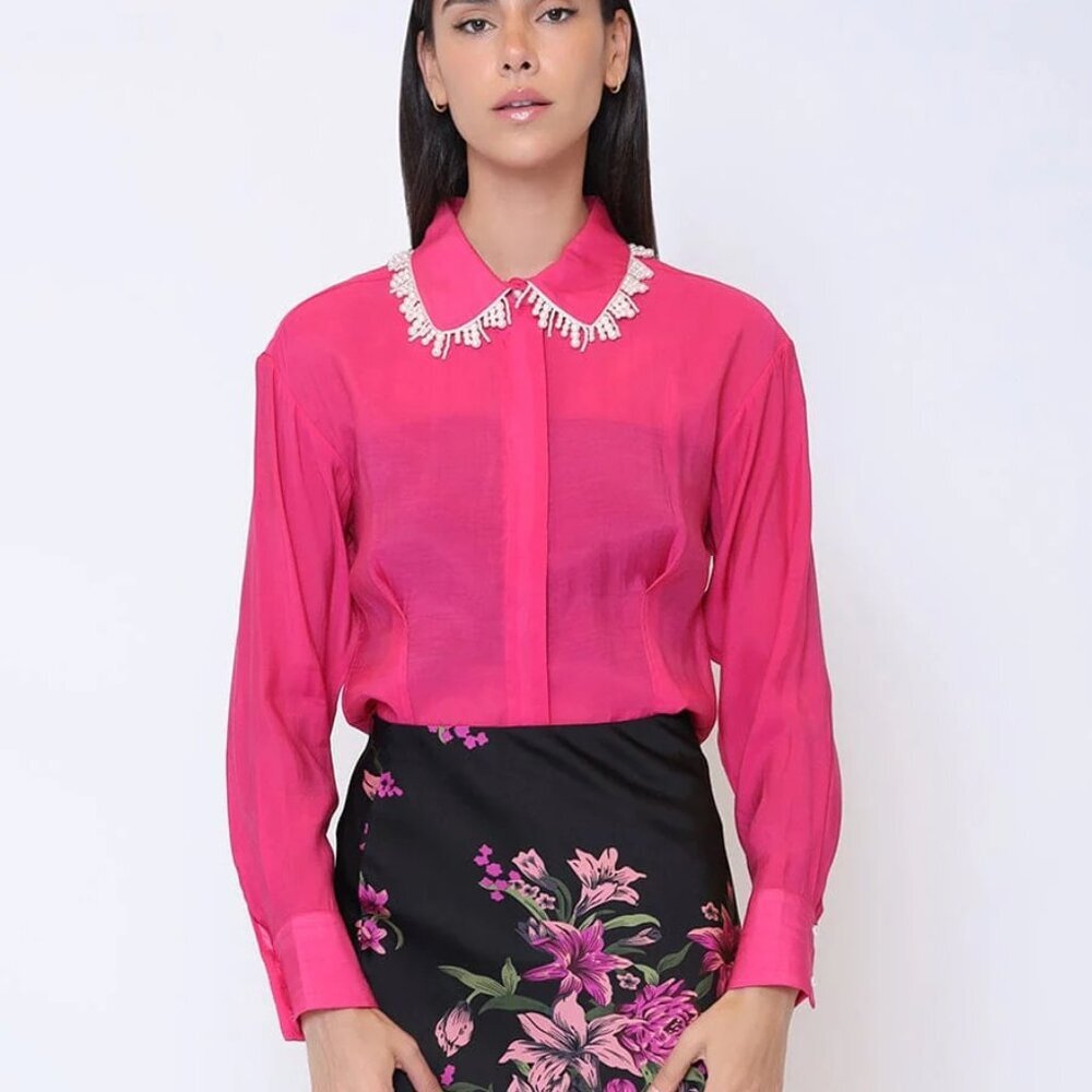 Gracia Fuchsia Pearl Beaded Collar Long Sleeve Button Down Shirt NWT - Picture 2 of 4